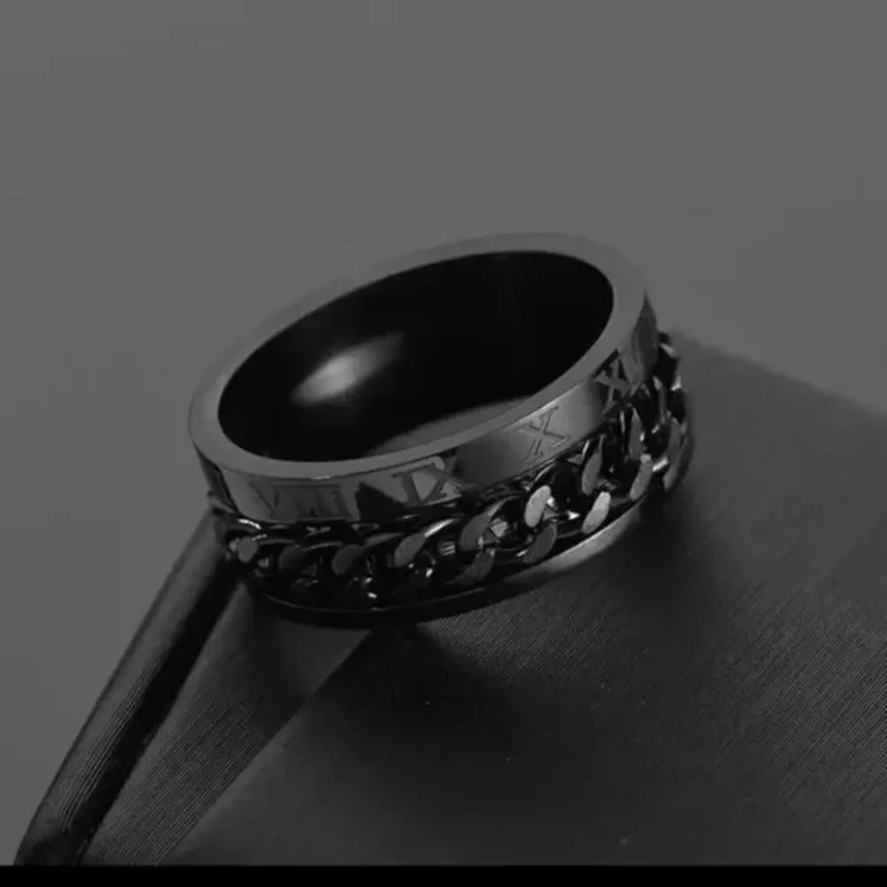 STAINLESS STEEL BLACK BRAIDED ROMAN NUMERAL RING WEDDING BAND RING